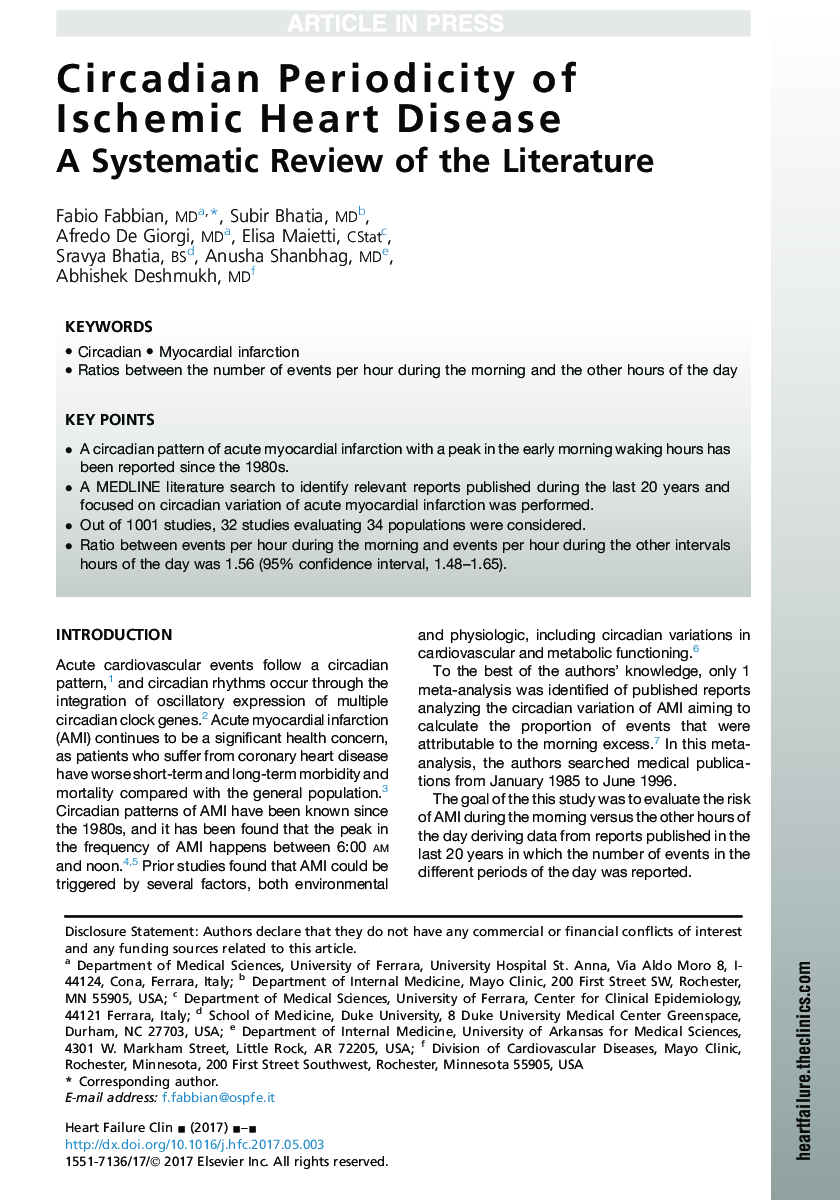 Circadian Periodicity of Ischemic Heart Disease