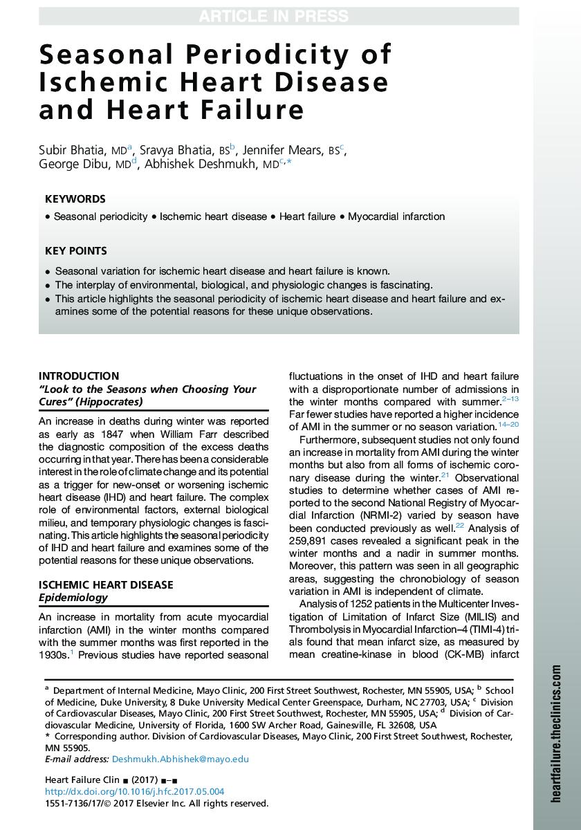 Seasonal Periodicity of Ischemic Heart Disease and Heart Failure