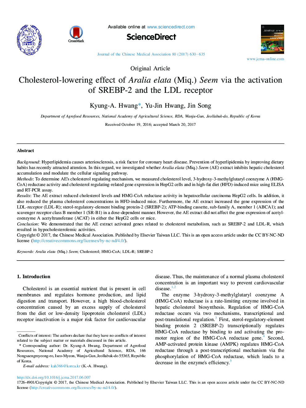 Cholesterol-lowering effect of Aralia elata (Miq.) Seem via the activation of SREBP-2 and the LDL receptor