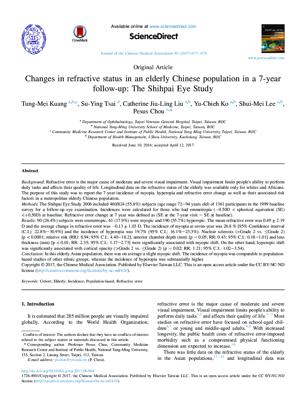 Changes in refractive status in an elderly Chinese population in a 7-year follow-up: The Shihpai Eye Study