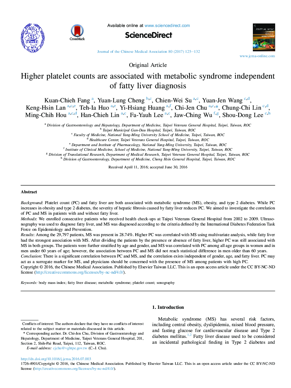 Higher platelet counts are associated with metabolic syndrome independent of fatty liver diagnosis