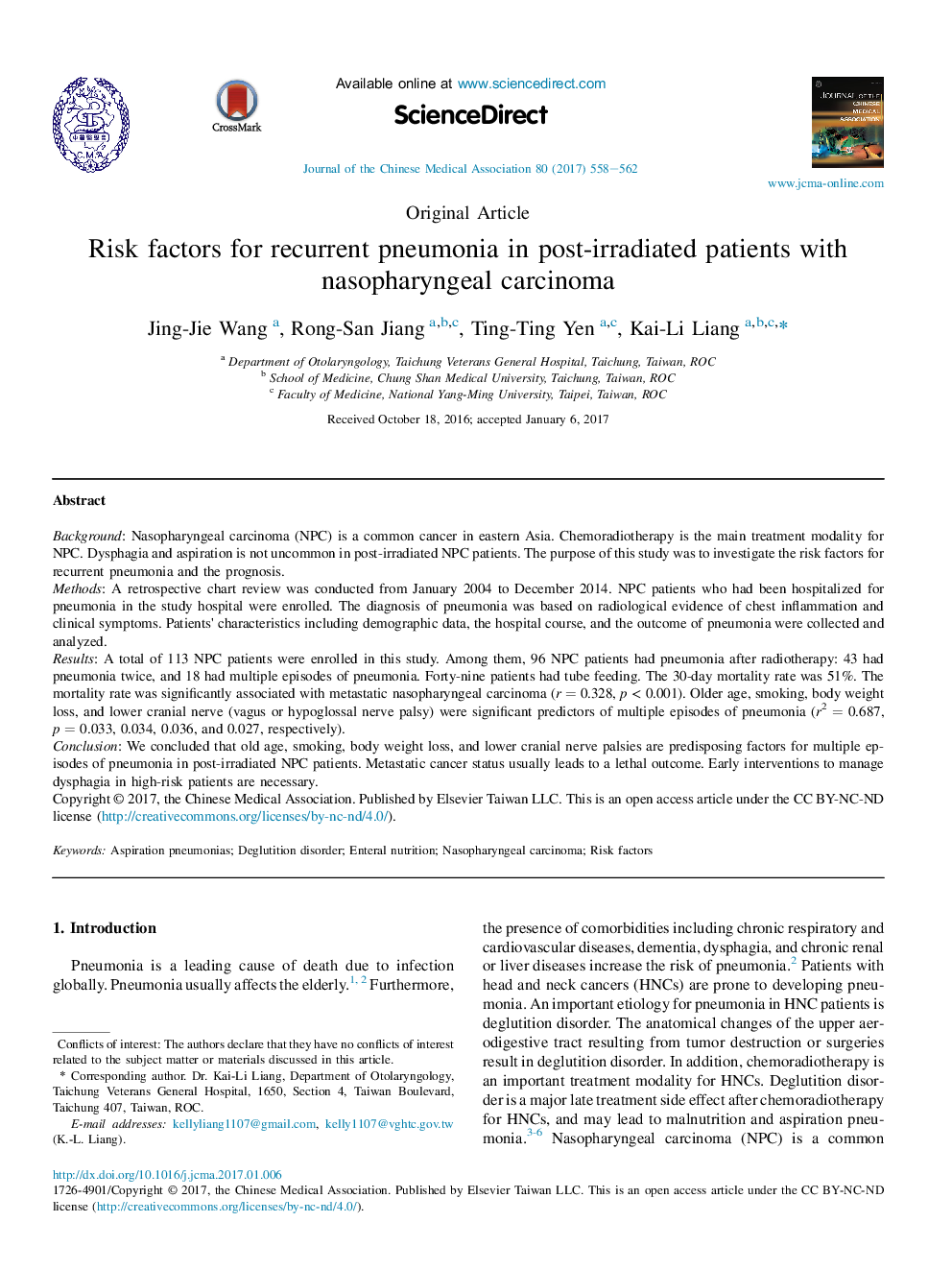 Risk factors for recurrent pneumonia in post-irradiated patients with nasopharyngeal carcinoma