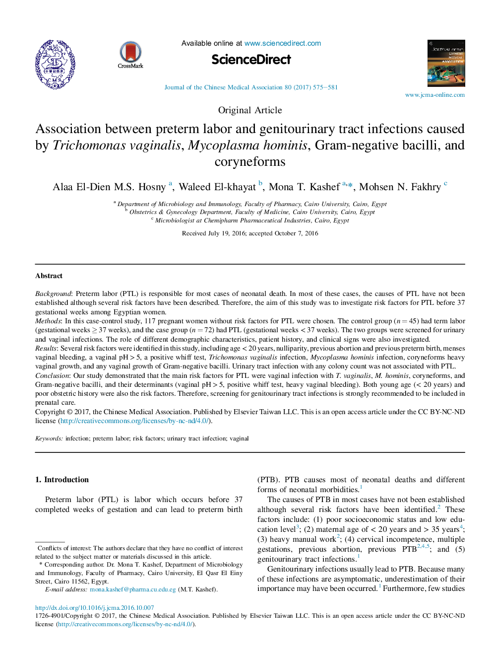 Association between preterm labor and genitourinary tract infections caused by Trichomonas vaginalis, Mycoplasma hominis, Gram-negative bacilli, and coryneforms