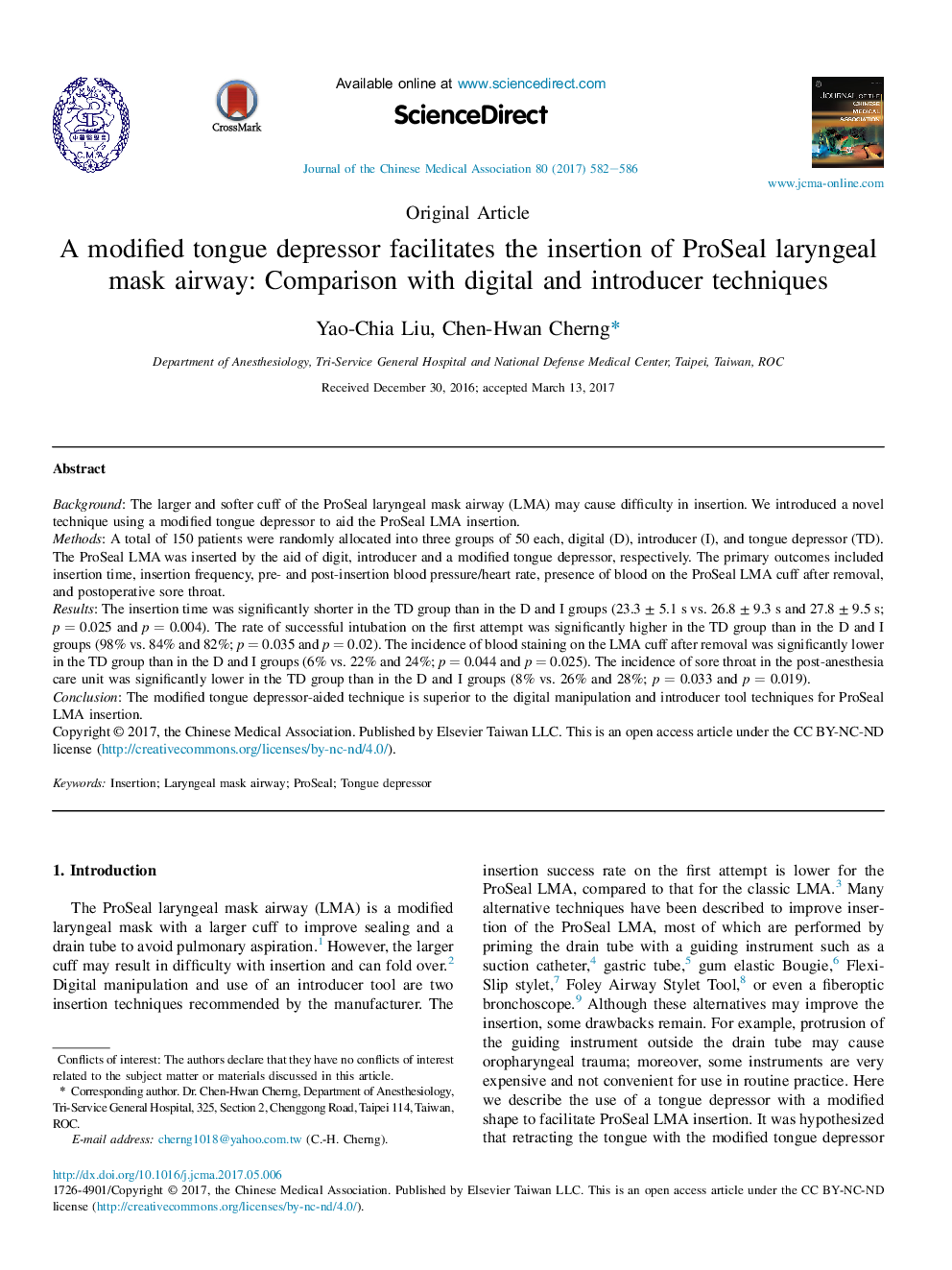 A modified tongue depressor facilitates the insertion of ProSeal laryngeal mask airway: Comparison with digital and introducer techniques