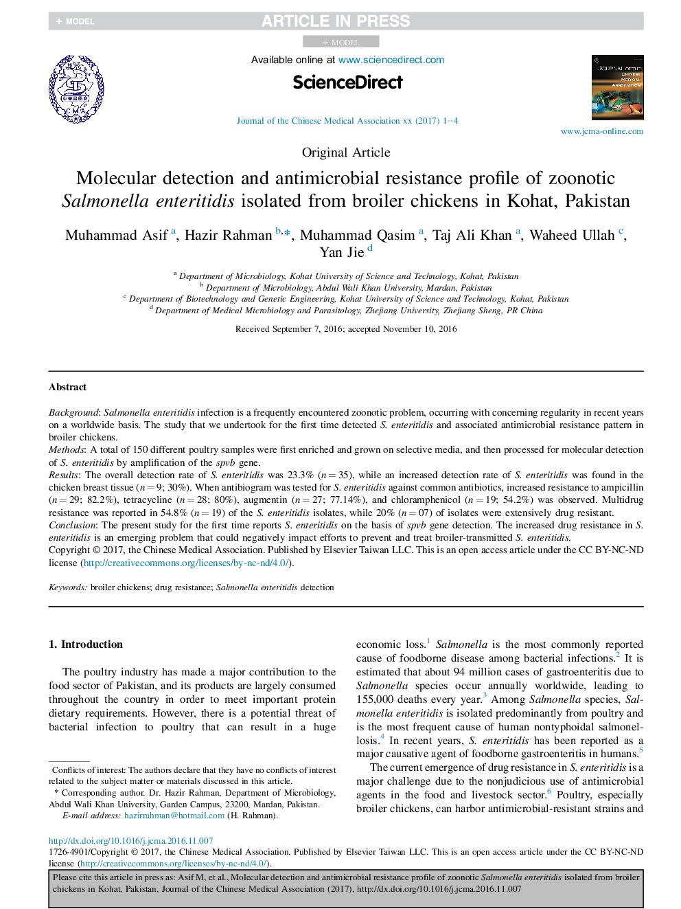 Molecular detection and antimicrobial resistance profile of zoonotic Salmonella enteritidis isolated from broiler chickens in Kohat, Pakistan
