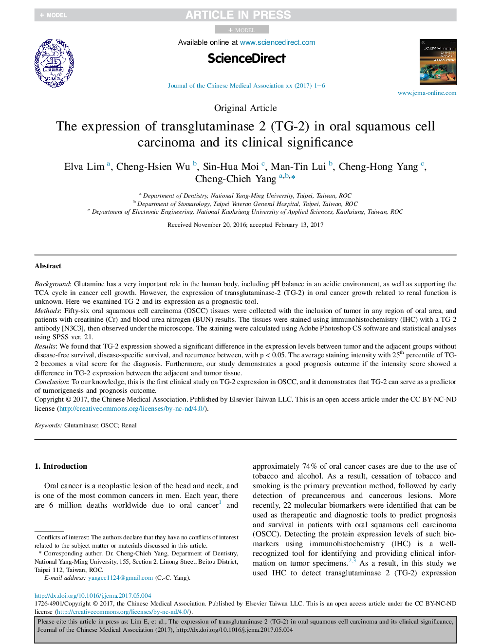 The expression of transglutaminase 2 (TG-2) in oral squamous cell carcinoma and its clinical significance