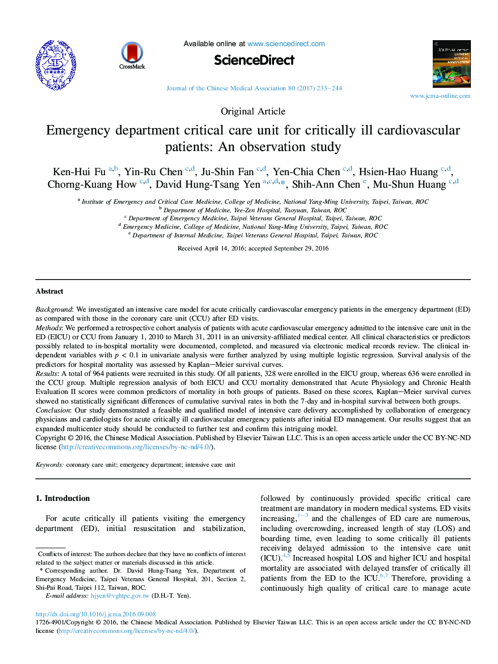 Emergency department critical care unit for critically ill cardiovascular patients: An observation study