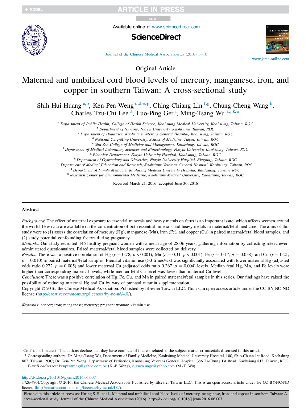 Maternal and umbilical cord blood levels of mercury, manganese, iron, and copper in southern Taiwan: A cross-sectional study