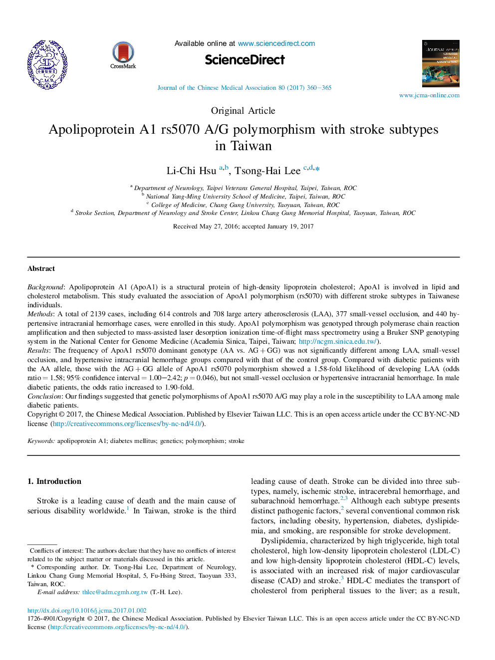 Apolipoprotein A1 rs5070 A/G polymorphism with stroke subtypes in Taiwan