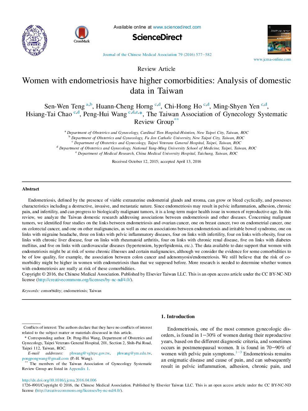 Women with endometriosis have higher comorbidities: Analysis of domestic data in Taiwan