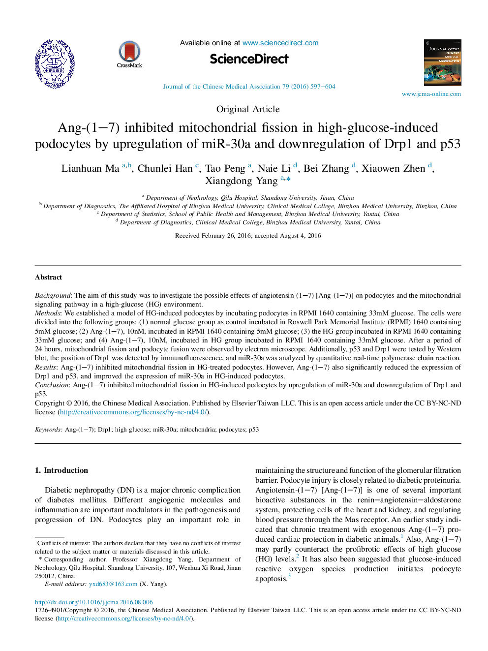 Ang-(1-7) inhibited mitochondrial fission in high-glucose-induced podocytes by upregulation of miR-30a and downregulation of Drp1 and p53