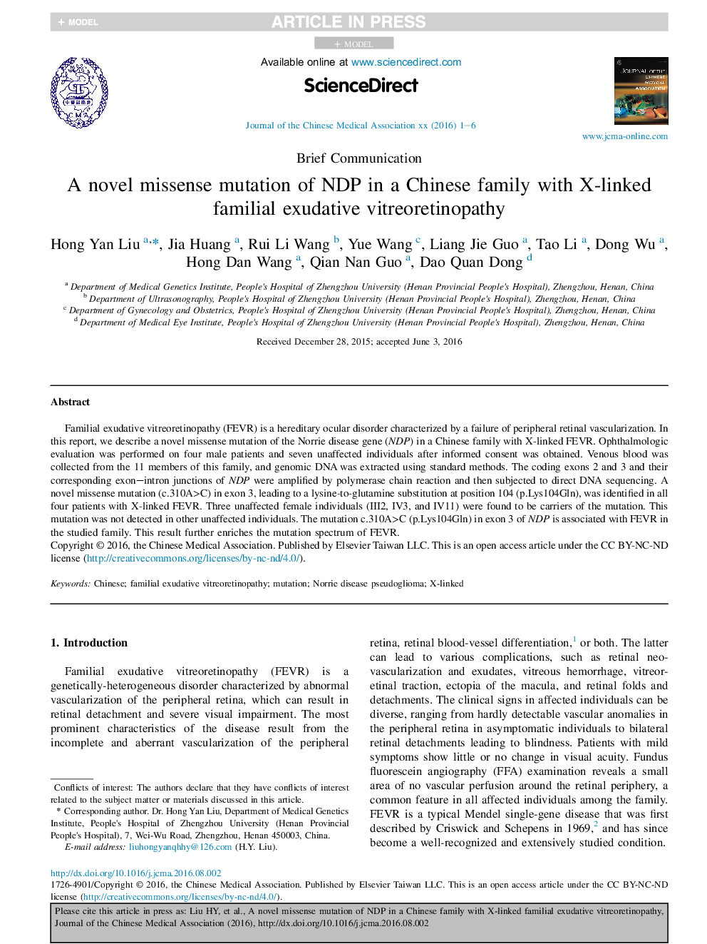 A novel missense mutation of NDP in a Chinese family with X-linked familial exudative vitreoretinopathy