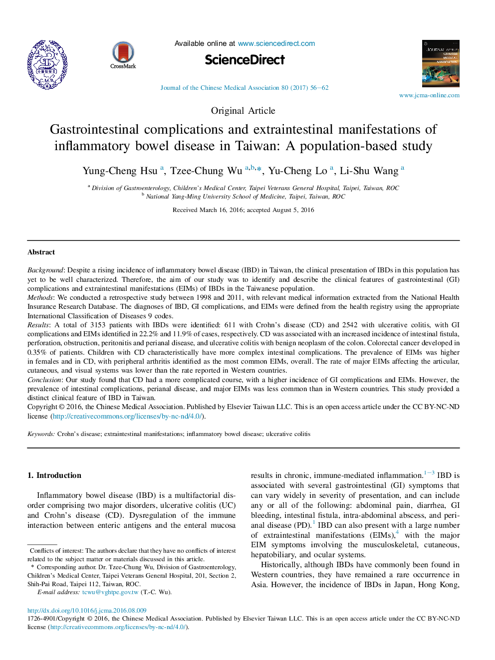 Gastrointestinal complications and extraintestinal manifestations of inflammatory bowel disease in Taiwan: A population-based study