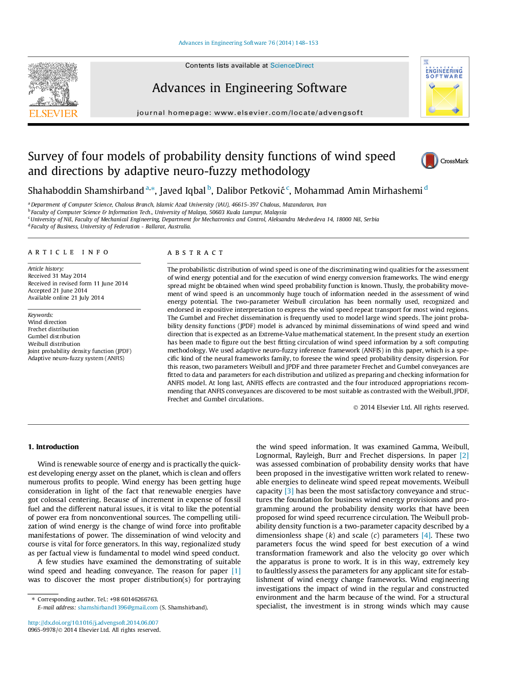 Survey of four models of probability density functions of wind speed and directions by adaptive neuro-fuzzy methodology