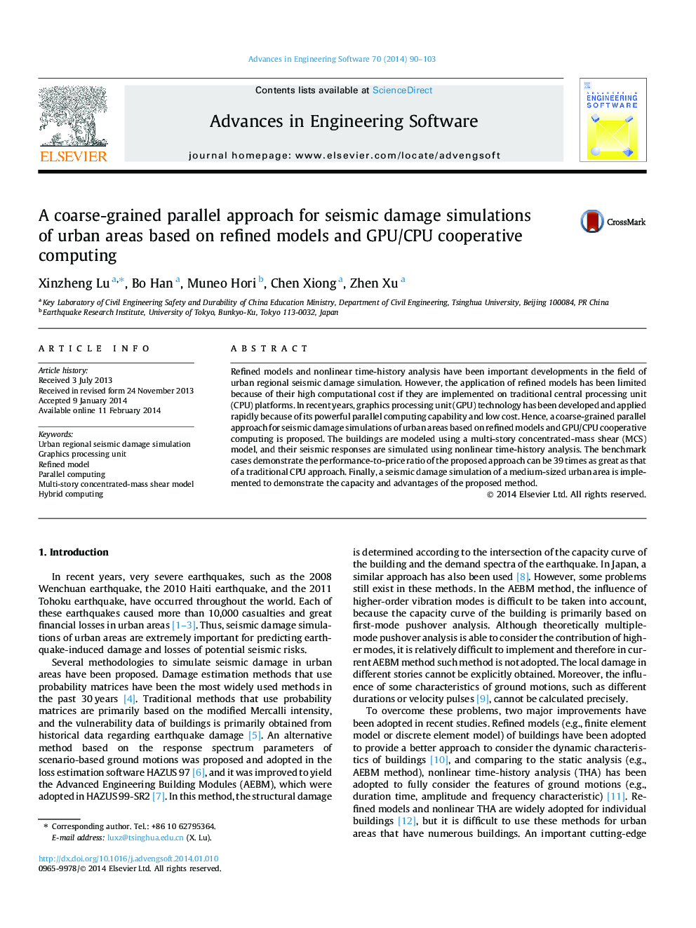 A coarse-grained parallel approach for seismic damage simulations of urban areas based on refined models and GPU/CPU cooperative computing