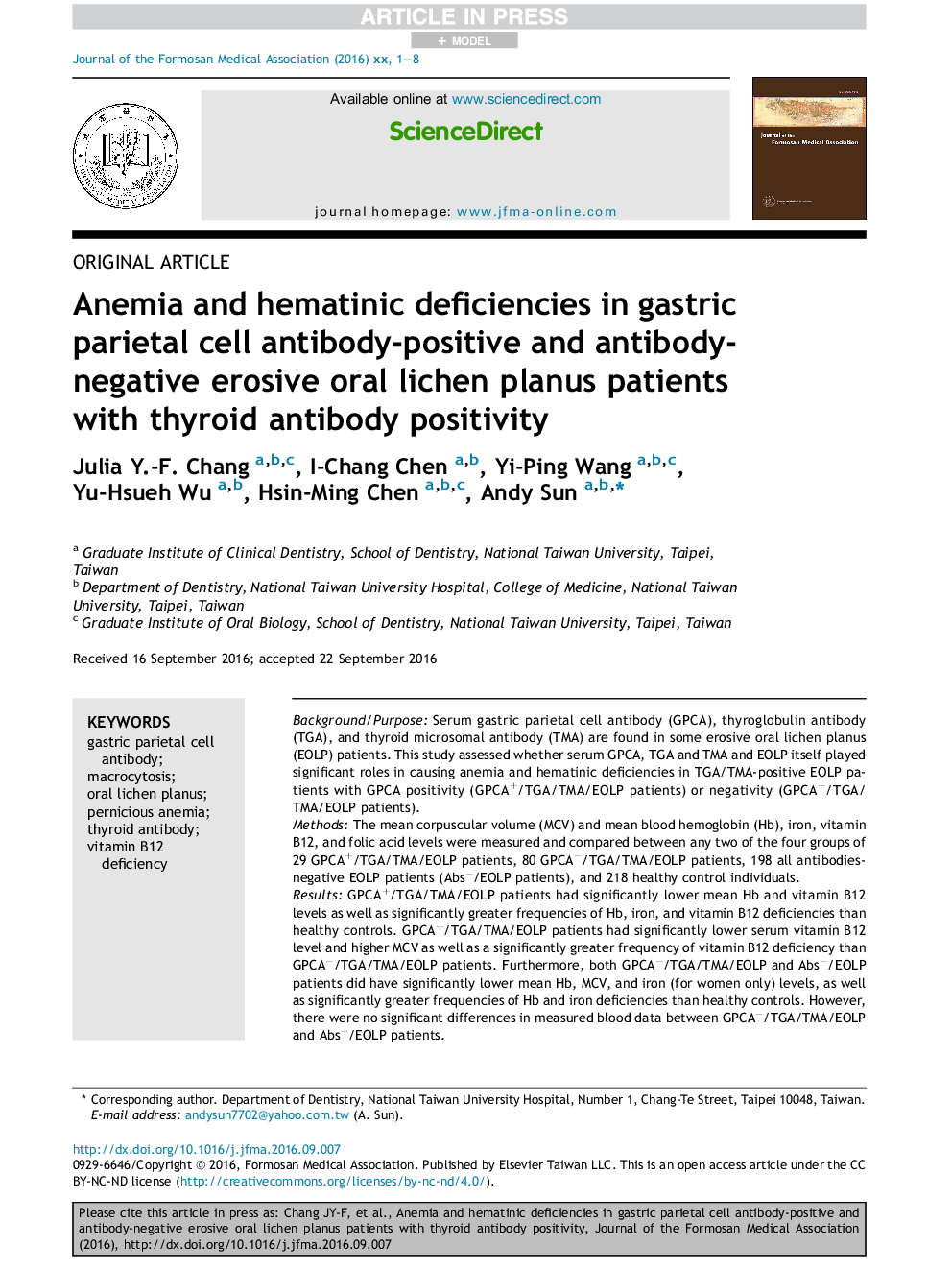 Anemia and hematinic deficiencies in gastric parietal cell antibody-positive and antibody-negative erosive oral lichen planus patients with thyroid antibody positivity