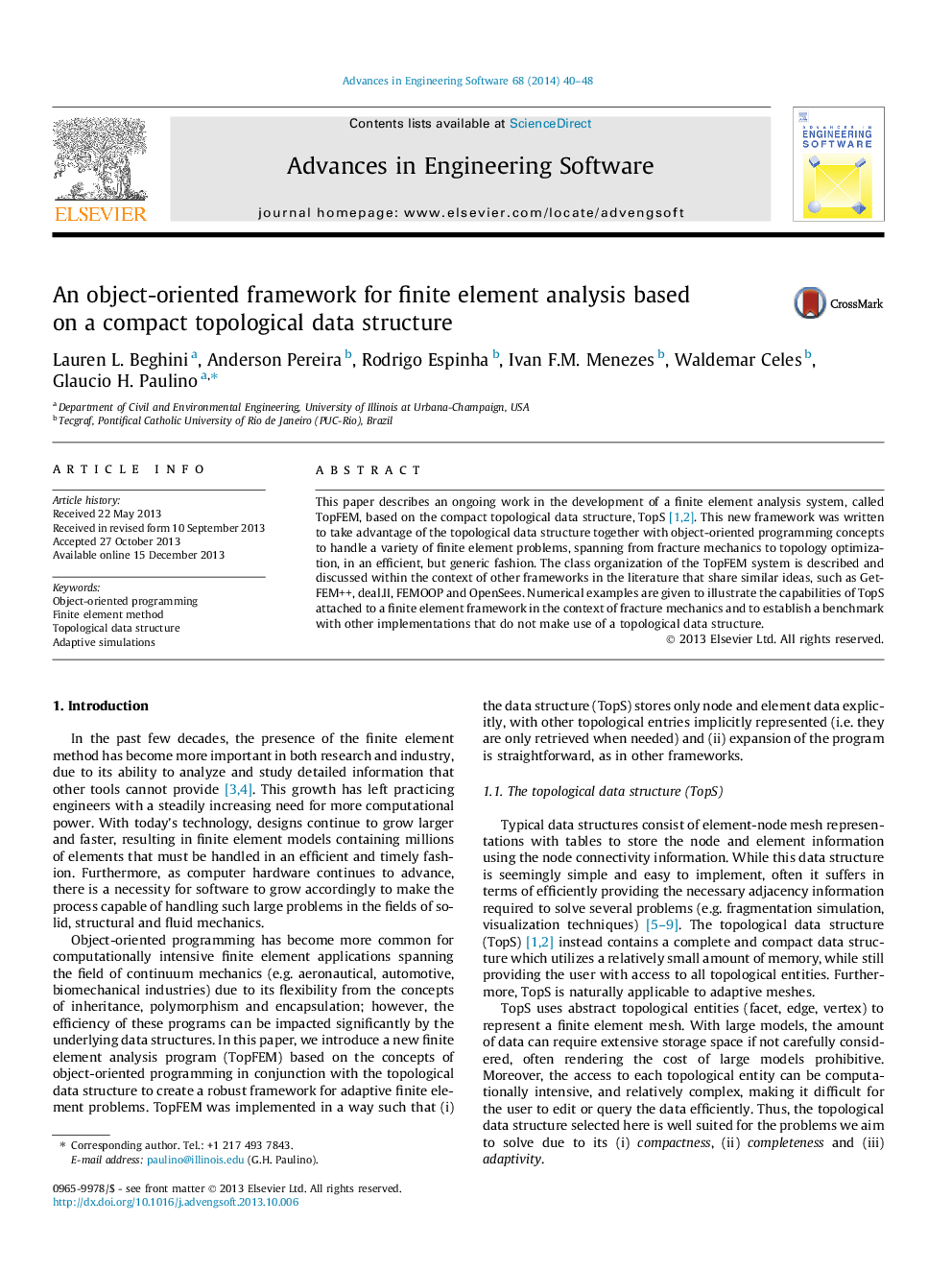 An object-oriented framework for finite element analysis based on a compact topological data structure