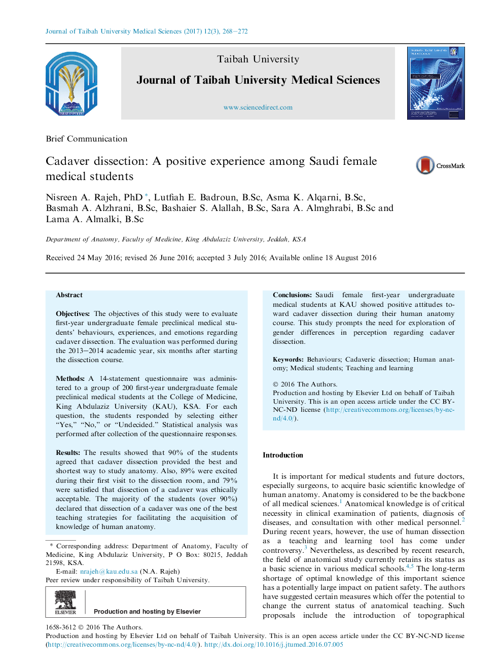 Cadaver dissection: A positive experience among Saudi female medical students