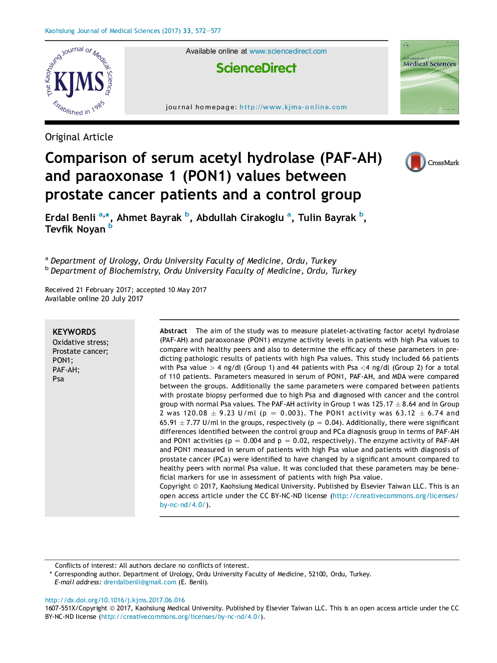 Comparison of serum acetyl hydrolase (PAF-AH) and paraoxonase 1 (PON1) values between prostate cancer patients and a control group