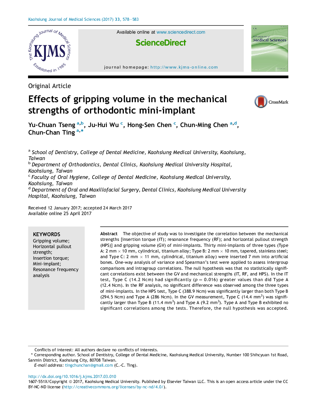 Effects of gripping volume in the mechanical strengths of orthodontic mini-implant