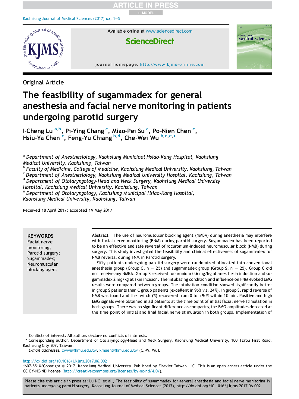 The feasibility of sugammadex for general anesthesia and facial nerve monitoring in patients undergoing parotid surgery