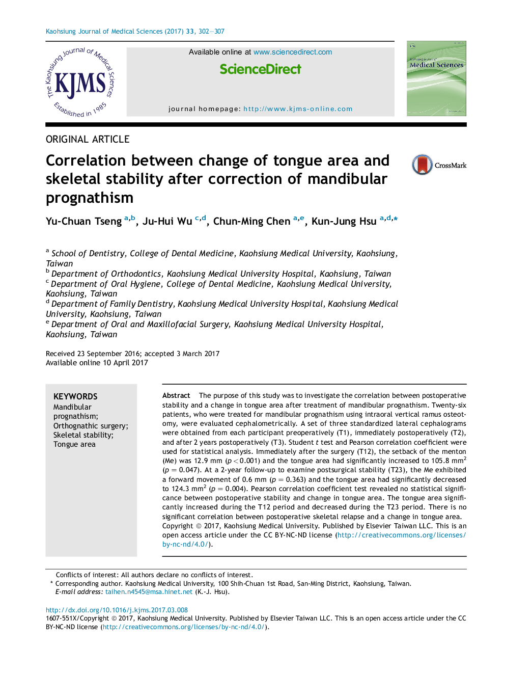 Correlation between change of tongue area and skeletal stability after correction of mandibular prognathism