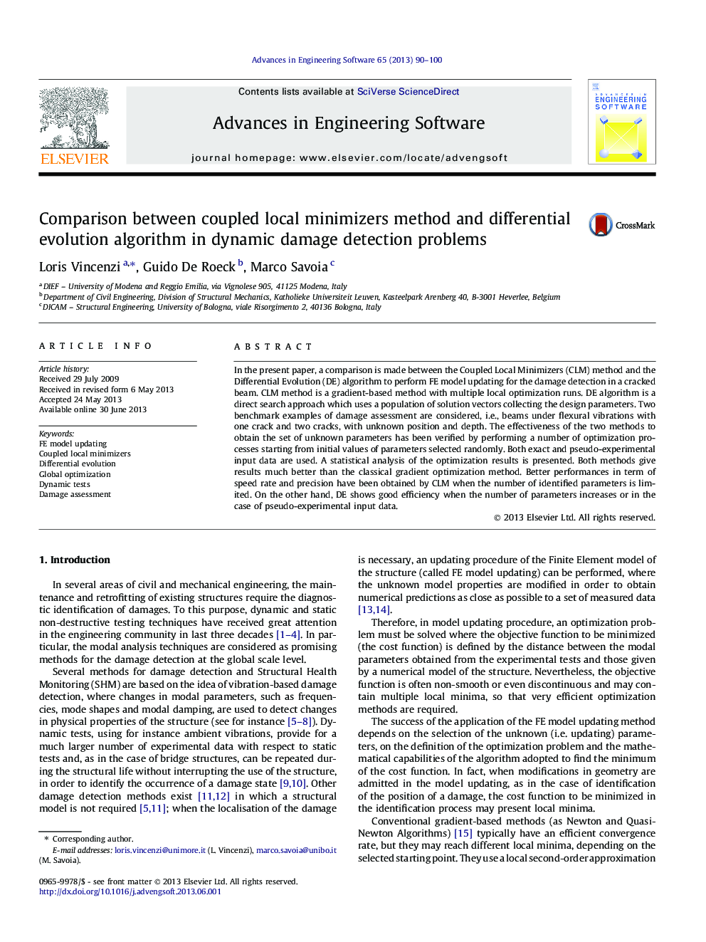 Comparison between coupled local minimizers method and differential evolution algorithm in dynamic damage detection problems