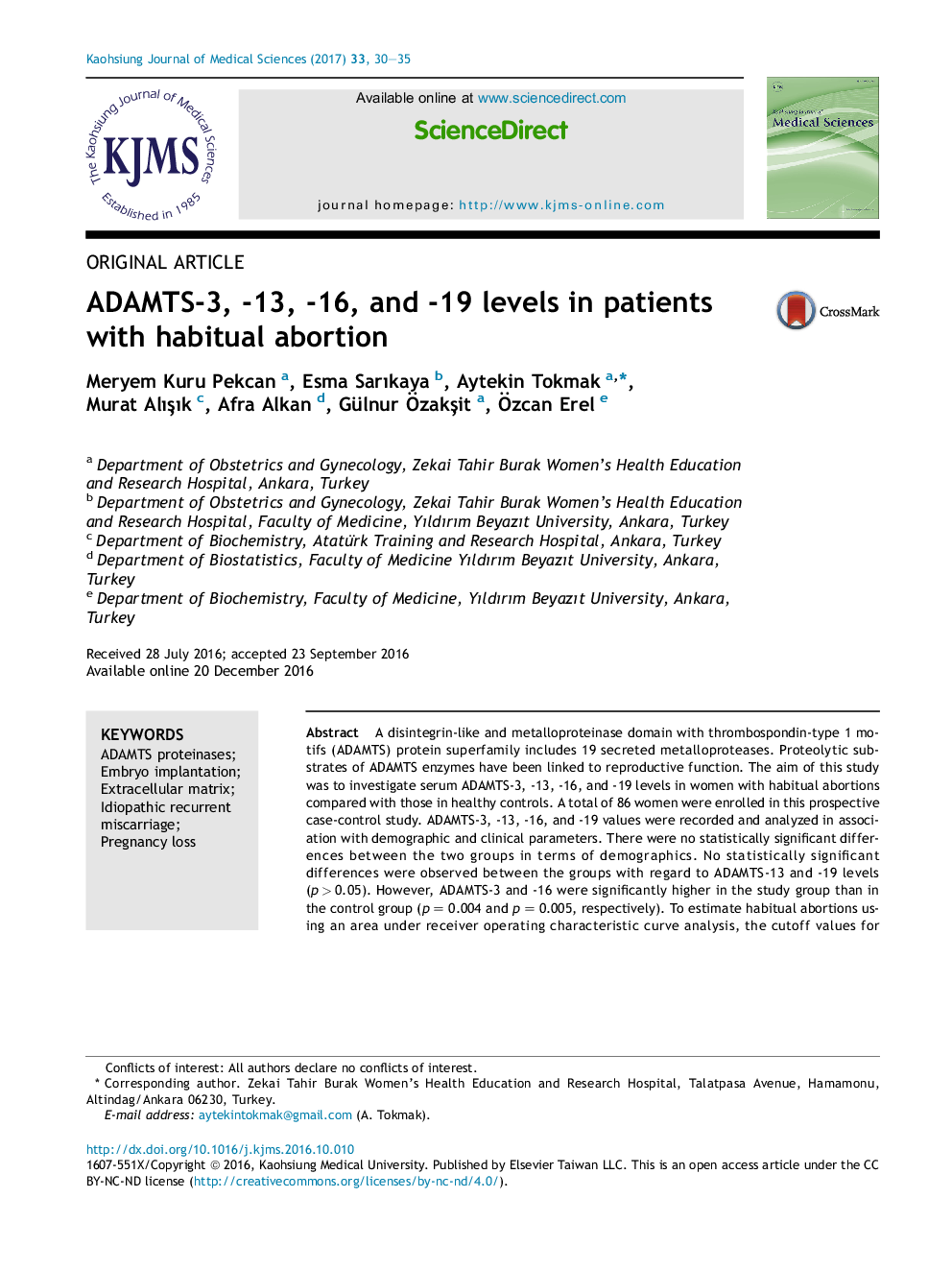 ADAMTS-3, -13, -16, and -19 levels in patients with habitual abortion