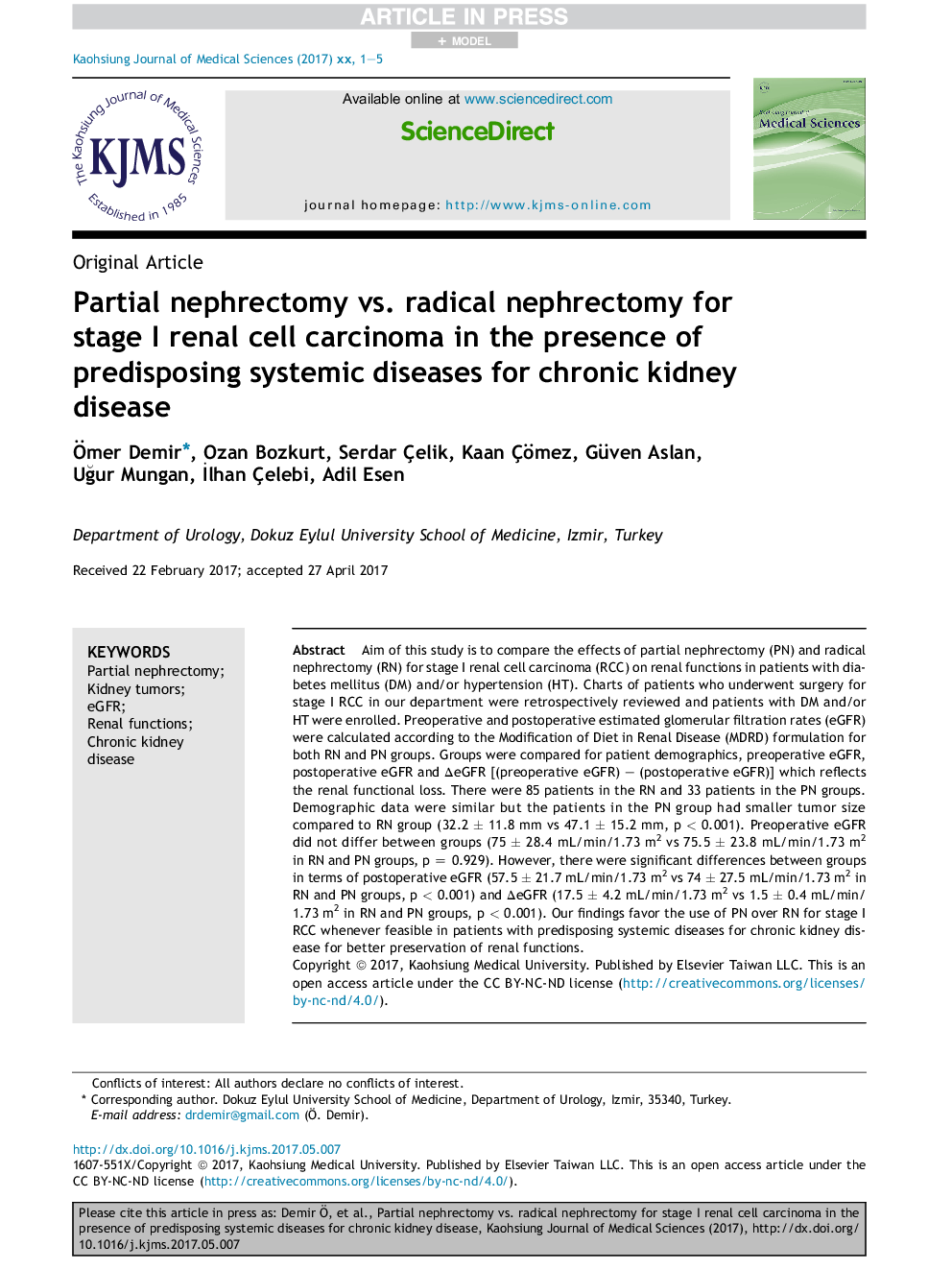 Partial nephrectomy vs. radical nephrectomy for stage I renal cell carcinoma in the presence of predisposing systemic diseases for chronic kidney disease