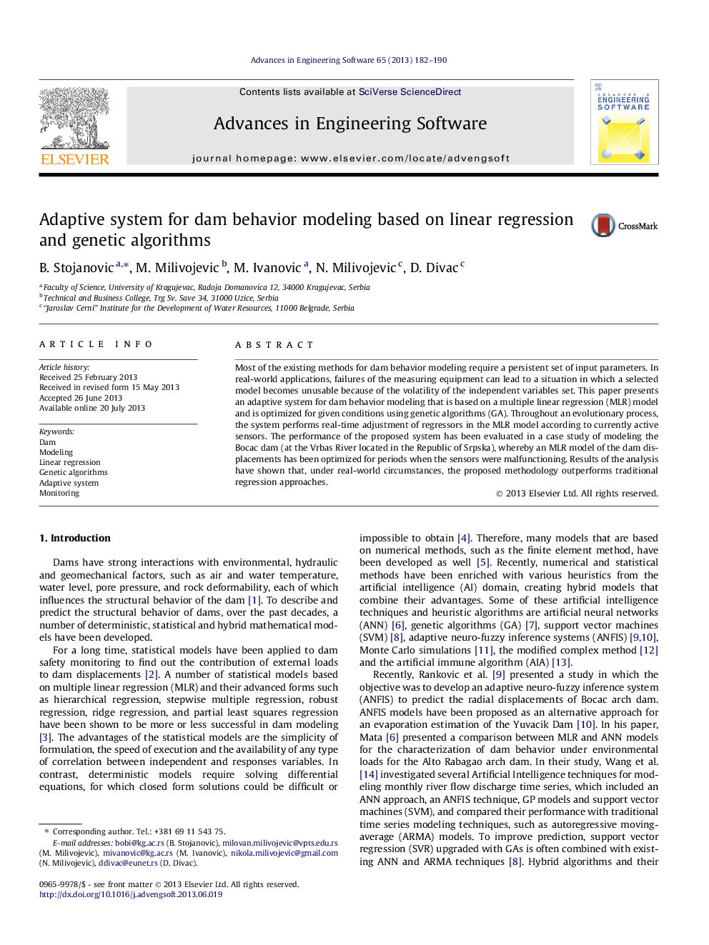 Adaptive system for dam behavior modeling based on linear regression and genetic algorithms