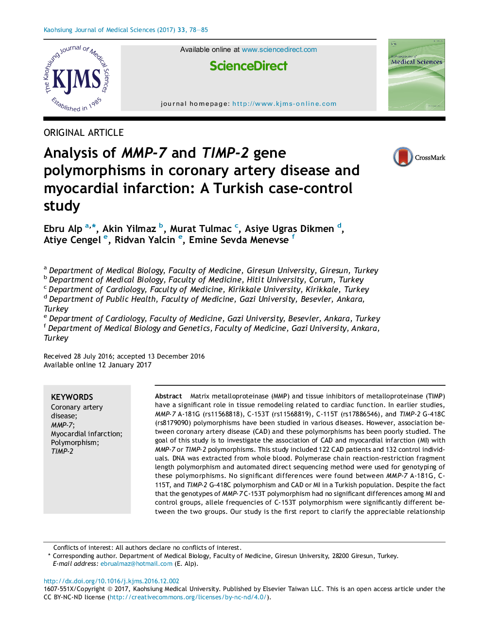 Analysis of MMP-7 and TIMP-2 gene polymorphisms in coronary artery disease and myocardial infarction: A Turkish case-control study