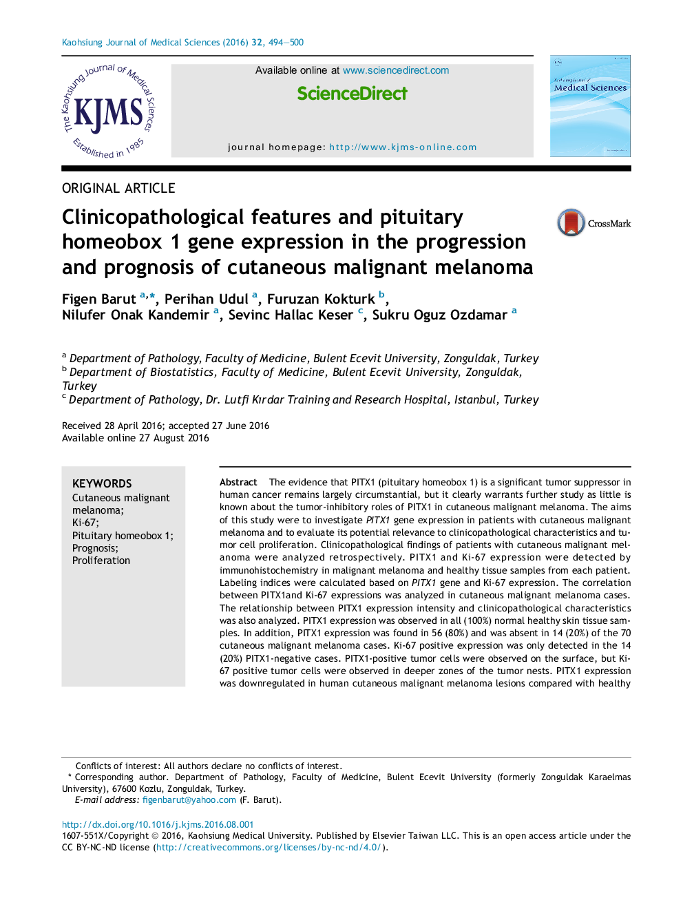 Clinicopathological features and pituitary homeobox 1 gene expression in the progression and prognosis of cutaneous malignant melanoma