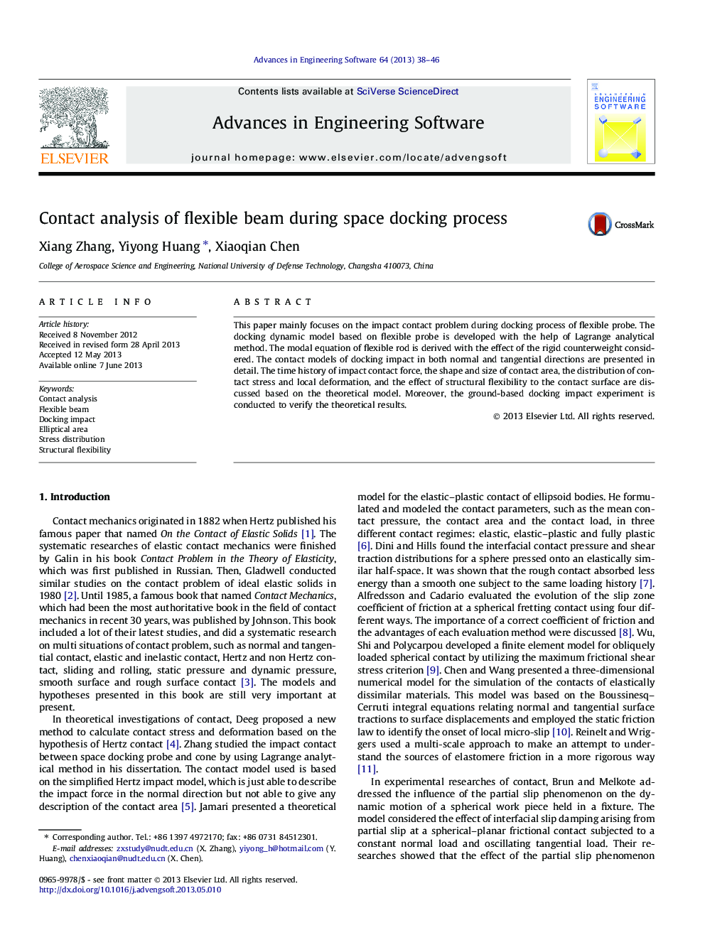 Contact analysis of flexible beam during space docking process