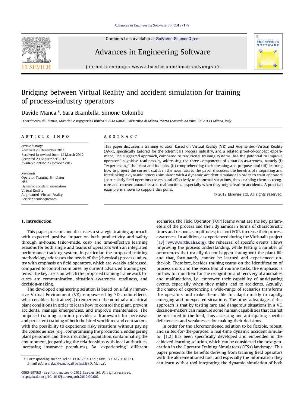 Bridging between Virtual Reality and accident simulation for training of process-industry operators