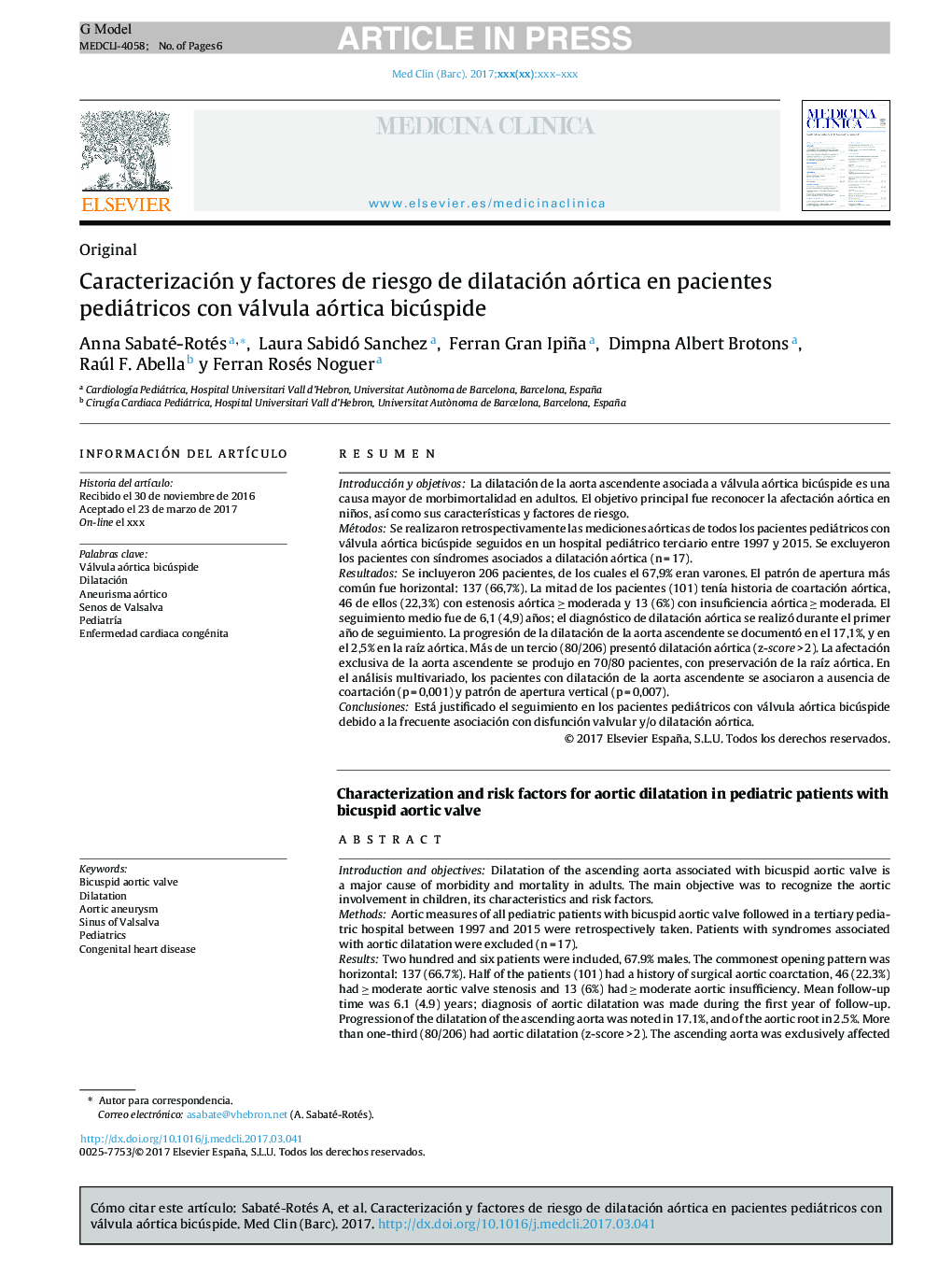 Caracterización y factores de riesgo de dilatación aórtica en pacientes pediátricos con válvula aórtica bicúspide