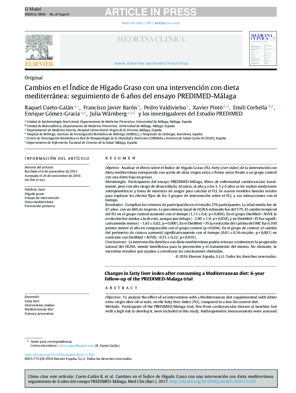 Cambios en el Índice de HÃ­gado Graso con una intervención con dieta mediterránea: seguimiento de 6 años del ensayo PREDIMED-Málaga