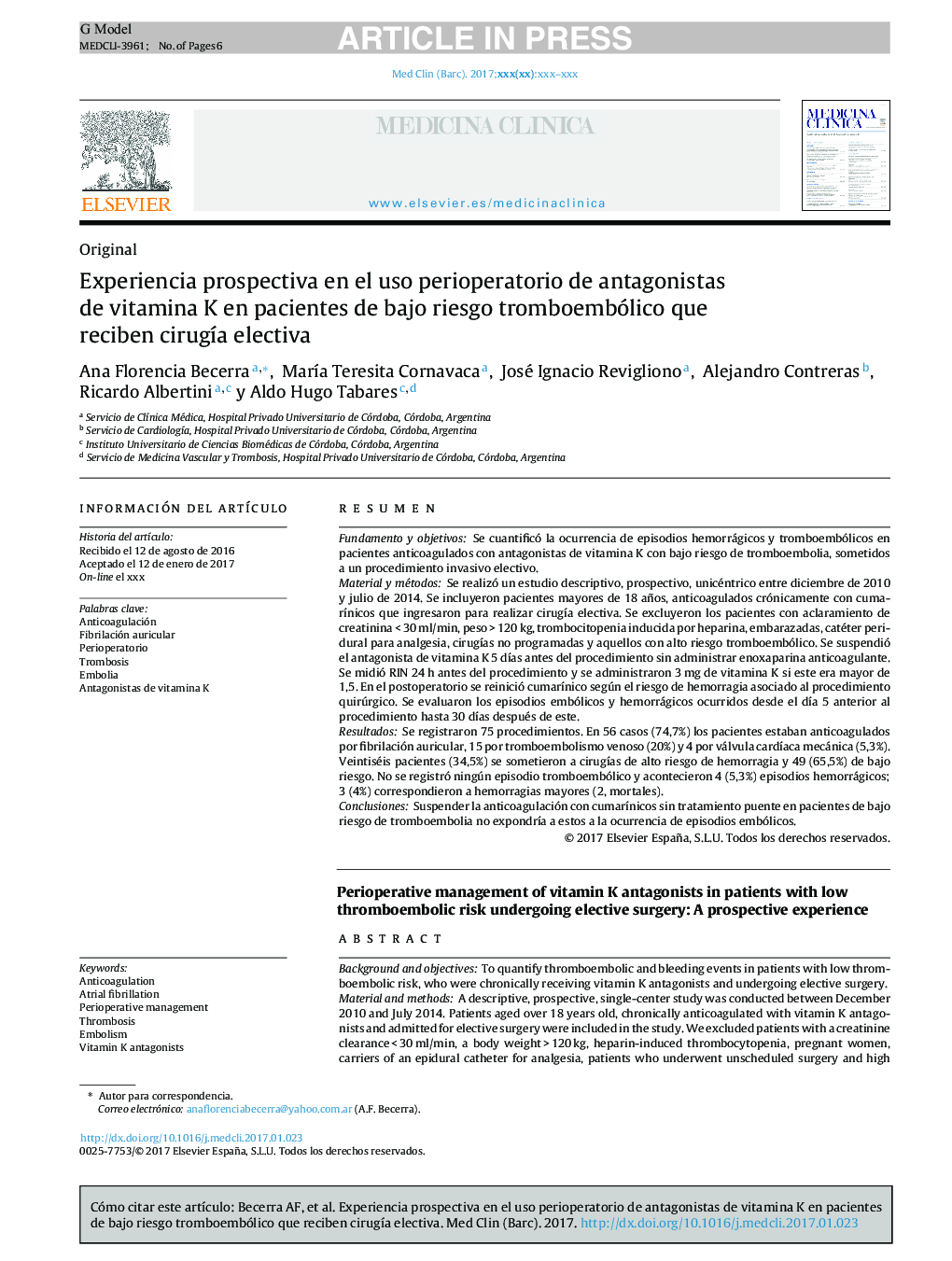 Experiencia prospectiva en el uso perioperatorio de antagonistas de vitamina K en pacientes de bajo riesgo tromboembólico que reciben cirugÃ­a electiva