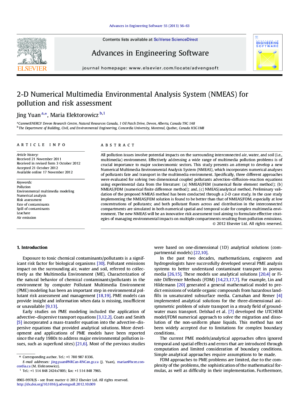 2-D Numerical Multimedia Environmental Analysis System (NMEAS) for pollution and risk assessment