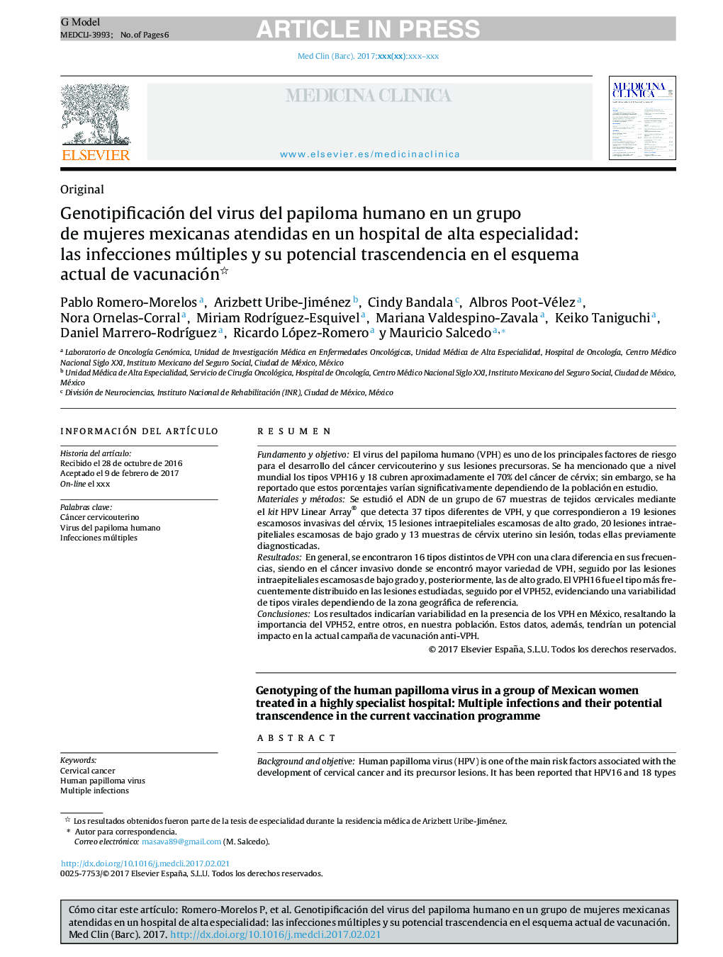 Genotipificación del virus del papiloma humano en un grupo de mujeres mexicanas atendidas en un hospital de alta especialidad: las infecciones múltiples y su potencial trascendencia en el esquema actual de vacunación