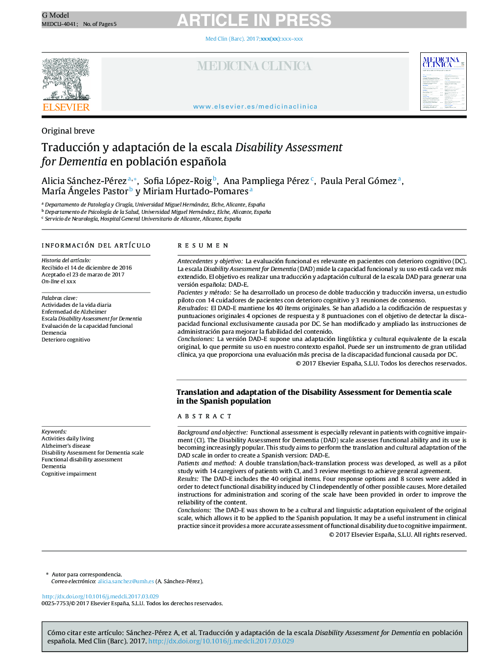 Traducción y adaptación de la escala Disability Assessment for Dementia en población española