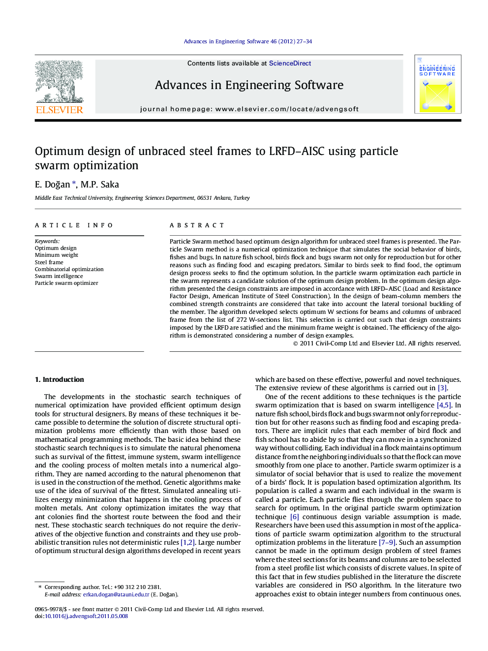 Optimum design of unbraced steel frames to LRFD–AISC using particle swarm optimization