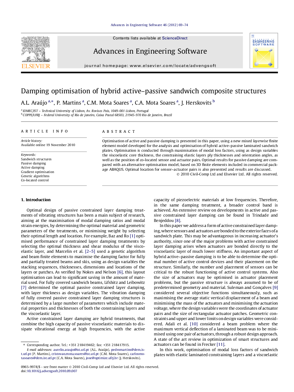 Damping optimisation of hybrid active–passive sandwich composite structures