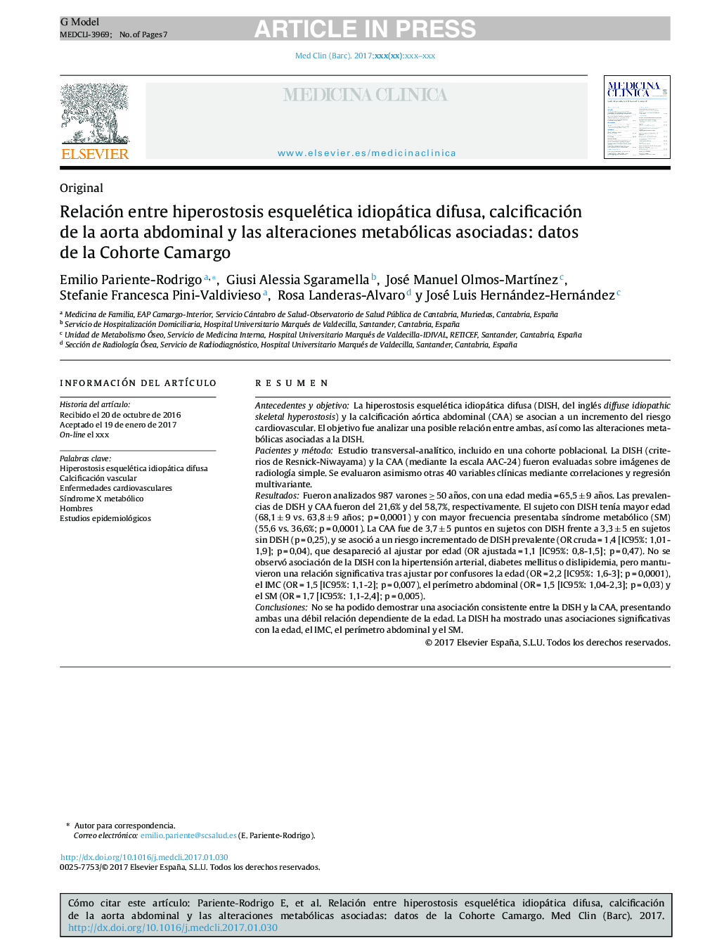 Relación entre hiperostosis esquelética idiopática difusa, calcificación de la aorta abdominal y las alteraciones metabólicas asociadas: datos de la Cohorte Camargo