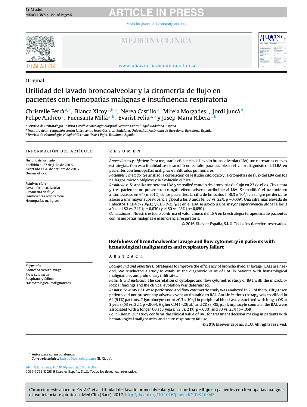 Utilidad del lavado broncoalveolar y la citometrÃ­a de flujo en pacientes con hemopatÃ­as malignas e insuficiencia respiratoria