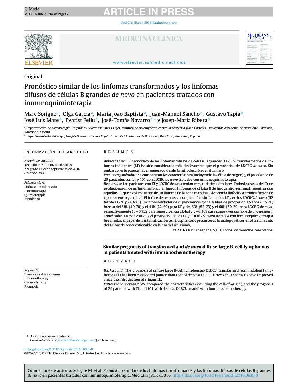 Pronóstico similar de los linfomas transformados y los linfomas difusos de células B grandes de novo en pacientes tratados con inmunoquimioterapia