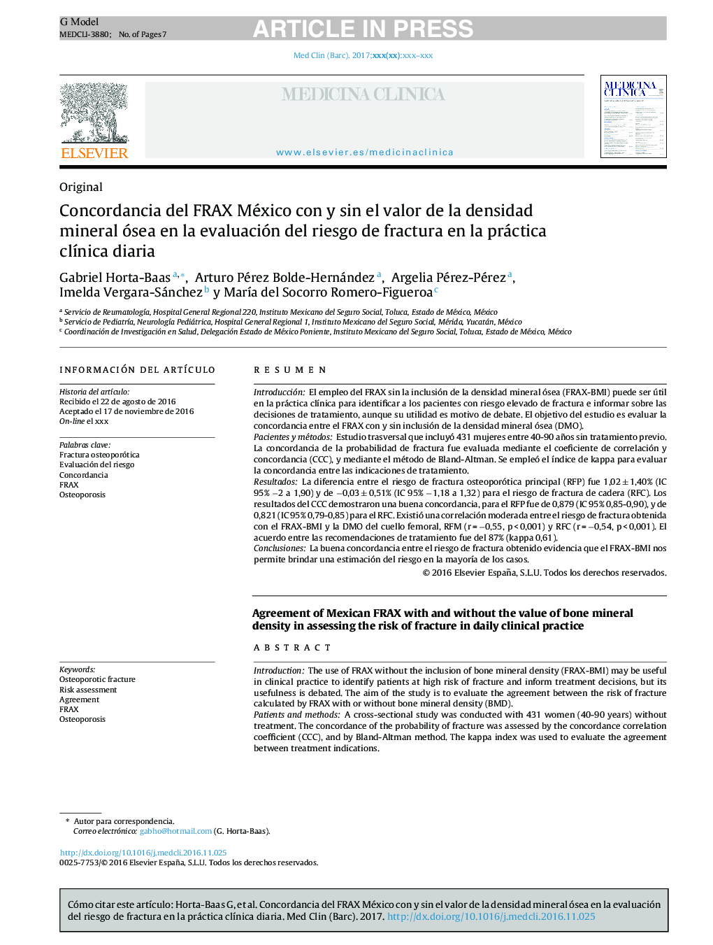 عکس صفحه اول مقاله: Concordancia del FRAX México con y sin el valor de la densidad mineral ósea en la evaluación del riesgo de fractura en la práctica clÃnica diaria Concordancia del FRAX México con y sin el valor de la densidad mineral ósea en la evaluación del riesgo de fractura en la práctica clÃnica diaria