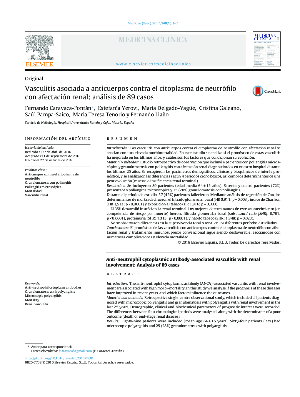 Vasculitis asociada a anticuerpos contra el citoplasma de neutrófilo con afectación renal: análisis de 89 casos