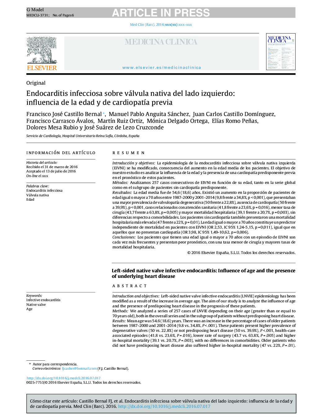 Endocarditis infecciosa sobre válvula nativa del lado izquierdo: influencia de la edad y de cardiopatÃ­a previa