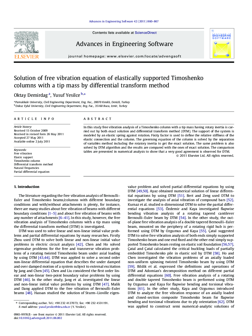 Solution of free vibration equation of elastically supported Timoshenko columns with a tip mass by differential transform method