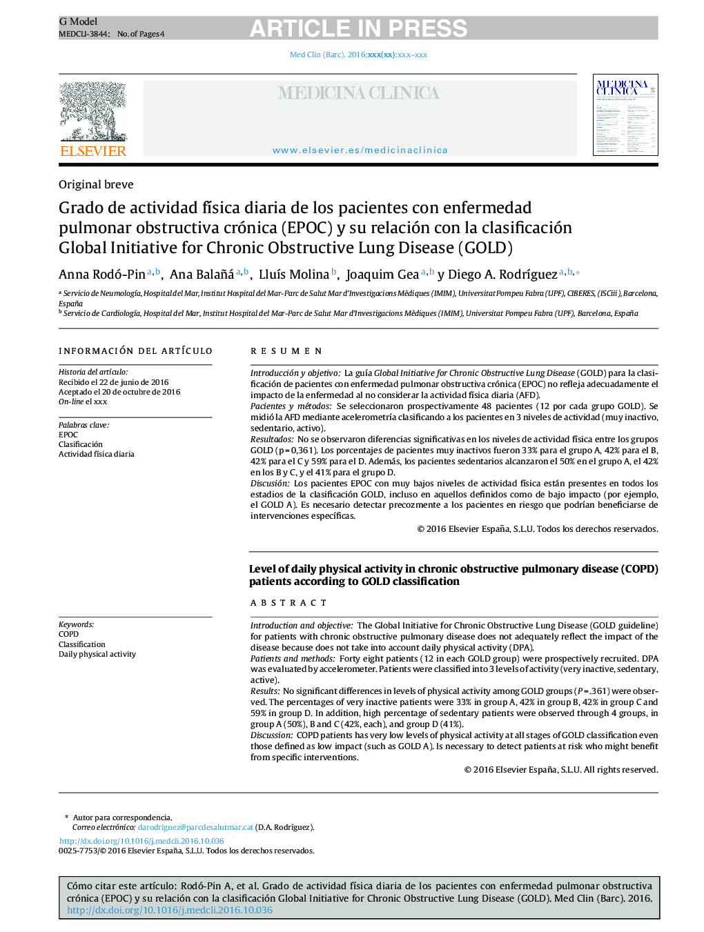 Grado de actividad fÃ­sica diaria de los pacientes con enfermedad pulmonar obstructiva crónica (EPOC) y su relación con la clasificación Global Initiative for Chronic Obstructive Lung Disease (GOLD)